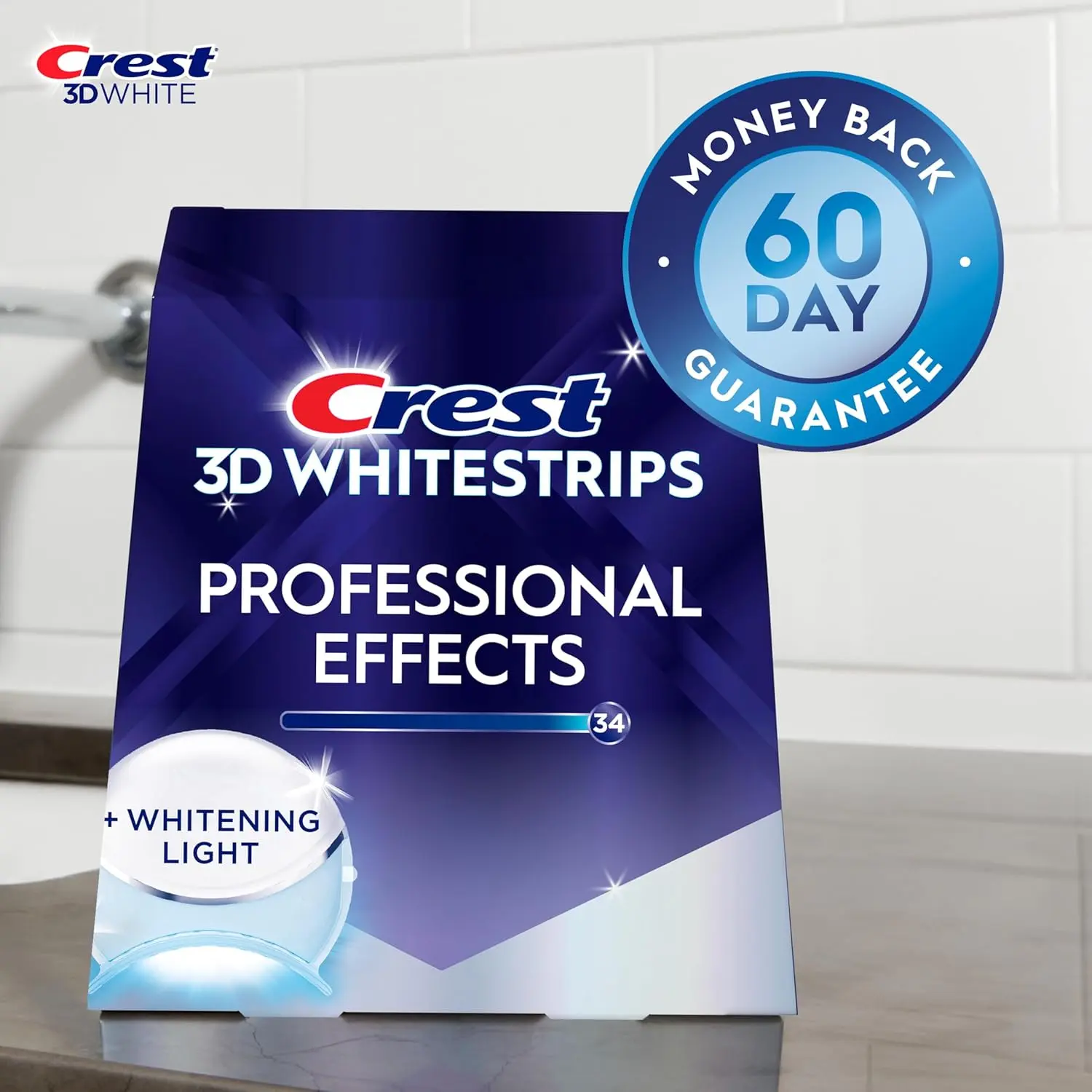 Achieve a 34 levels whiter smile in just 20 days with Crest 3D Whitestrips Radiant Express teeth whitening kit, featuring professional-level whitening power and Advanced Seal Technology for a no-slip grip.