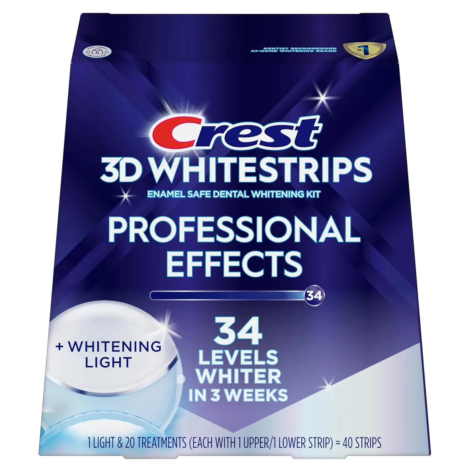 Achieve a 34 levels whiter smile in just 20 days with Crest 3D Whitestrips Radiant Express teeth whitening kit, featuring professional-level whitening power and Advanced Seal Technology for a no-slip grip.