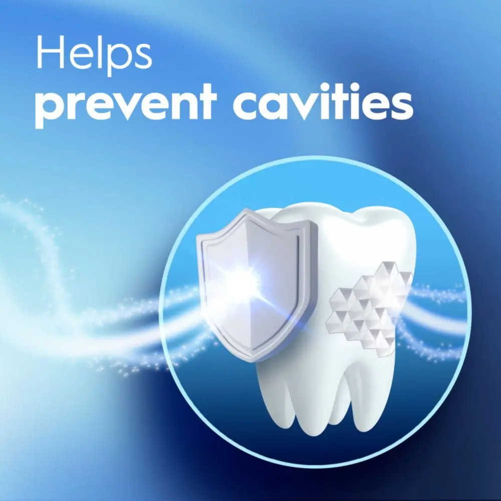 A bottle of Crest Pro-Health Advanced Mouthwash in Energizing Mint flavor, alcohol-free formula that safely whitens teeth by removing surface stains, strengthens enamel, prevents cavities, and kills bad breath germs without the burn.