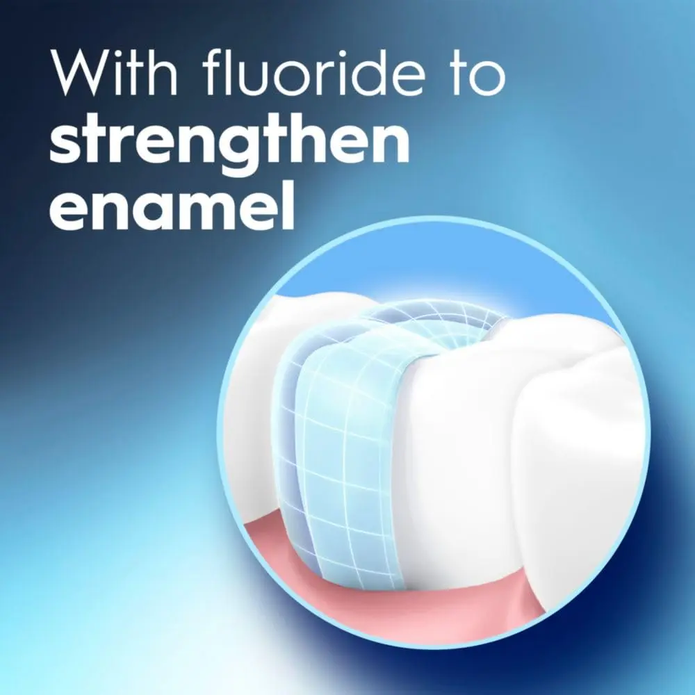 A bottle of Crest Pro-Health Advanced Mouthwash in Energizing Mint flavor, alcohol-free formula that safely whitens teeth by removing surface stains, strengthens enamel, prevents cavities, and kills bad breath germs without the burn.