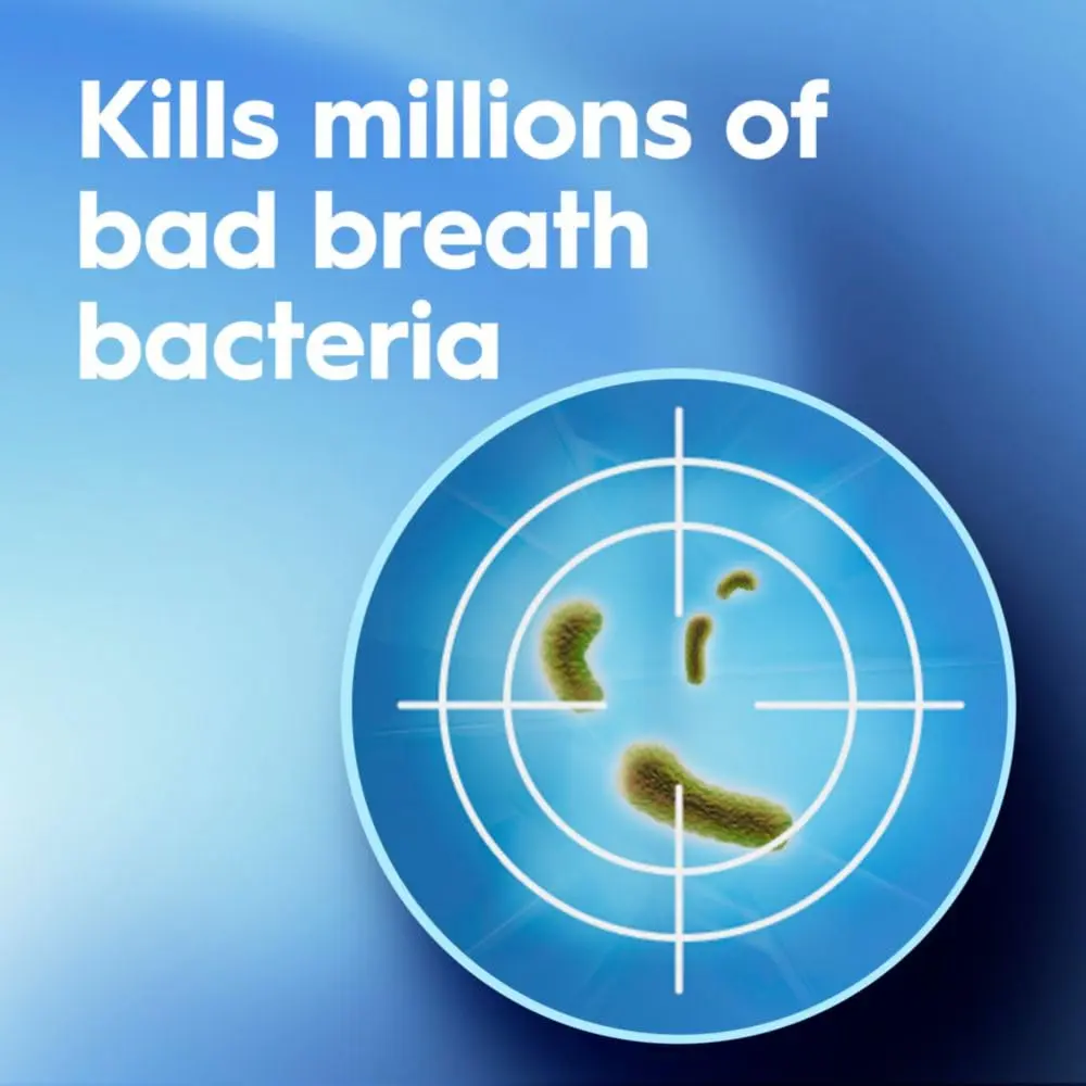 A bottle of Crest Pro-Health Advanced Mouthwash in Energizing Mint flavor, alcohol-free formula that safely whitens teeth by removing surface stains, strengthens enamel, prevents cavities, and kills bad breath germs without the burn.