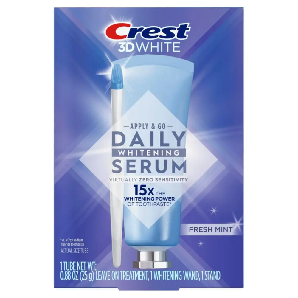 The Crest Whitening Emulsions kit includes a tube of leave-on teeth whitening gel, a whitening wand applicator, and a stand for easy counter storage, offering a better, faster way to get 100% whiter teeth with virtually no sensitivity.