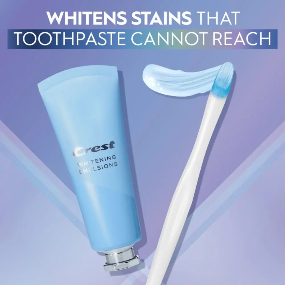 The Crest Whitening Emulsions kit includes a tube of leave-on teeth whitening gel, a whitening wand applicator, and a stand for easy counter storage, offering a better, faster way to get 100% whiter teeth with virtually no sensitivity.