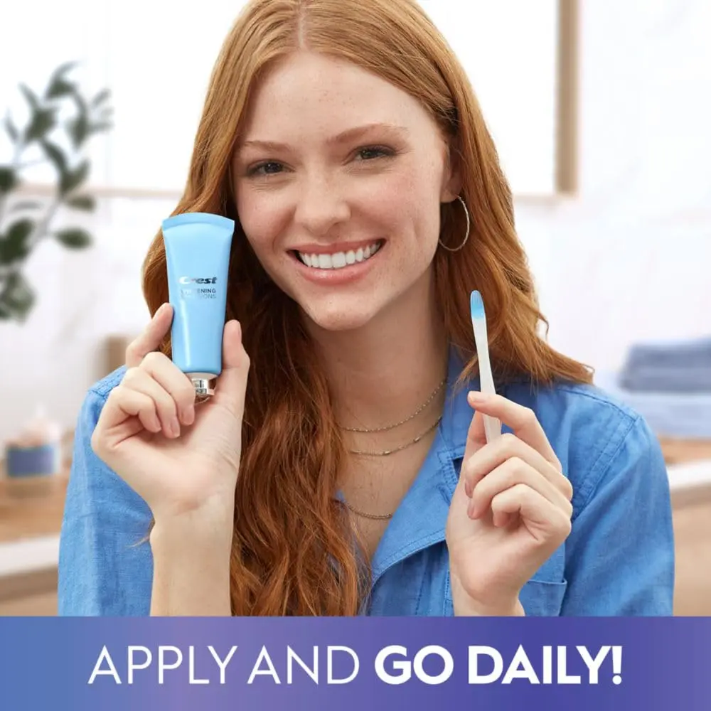 The Crest Whitening Emulsions kit includes a tube of leave-on teeth whitening gel, a whitening wand applicator, and a stand for easy counter storage, offering a better, faster way to get 100% whiter teeth with virtually no sensitivity.