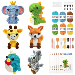 A crochet kit with yarn and tools for beginner crocheters.