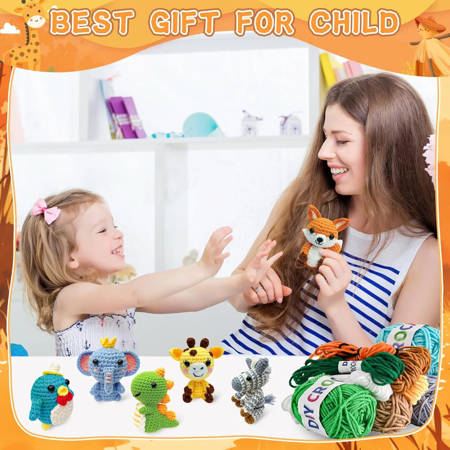 A crochet kit with yarn and tools for beginner crocheters.