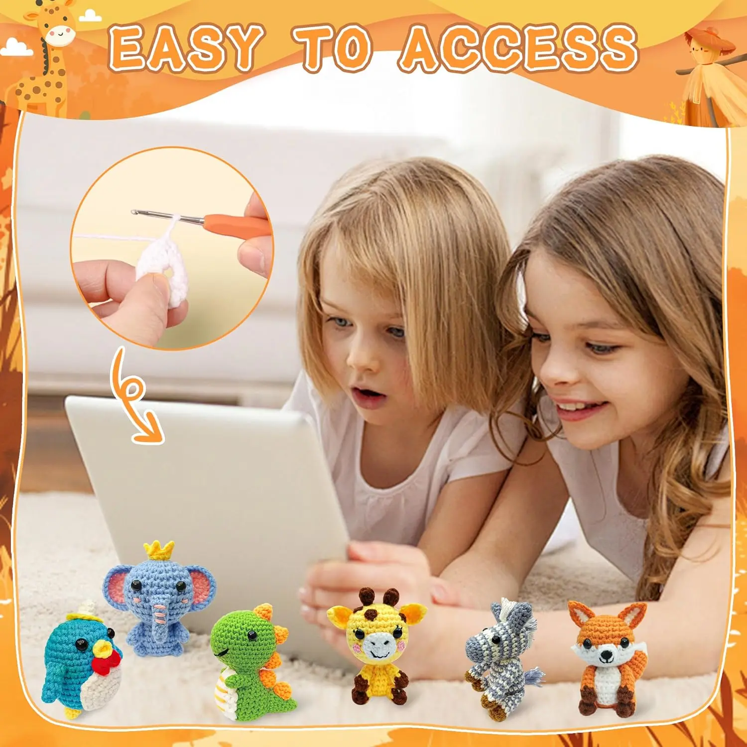 A crochet kit with yarn and tools for beginner crocheters.