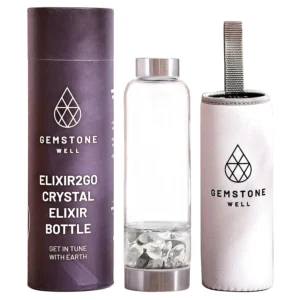 International gemstone water bottle set with hematite and clear quartz crystals, complete with a black neoprene sleeve for on-the-go gem-infused hydration.
