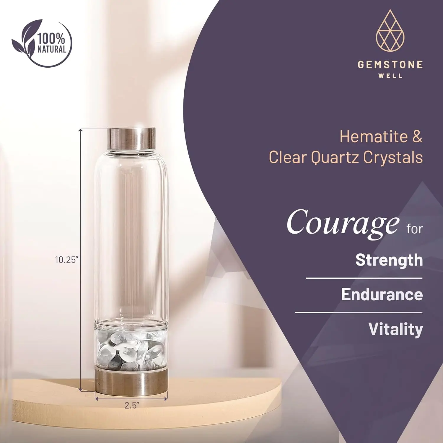 International gemstone water bottle set with hematite and clear quartz crystals, complete with a black neoprene sleeve for on-the-go gem-infused hydration.