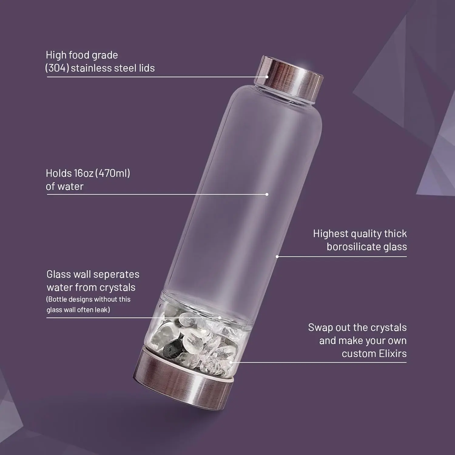 International gemstone water bottle set with hematite and clear quartz crystals, complete with a black neoprene sleeve for on-the-go gem-infused hydration.