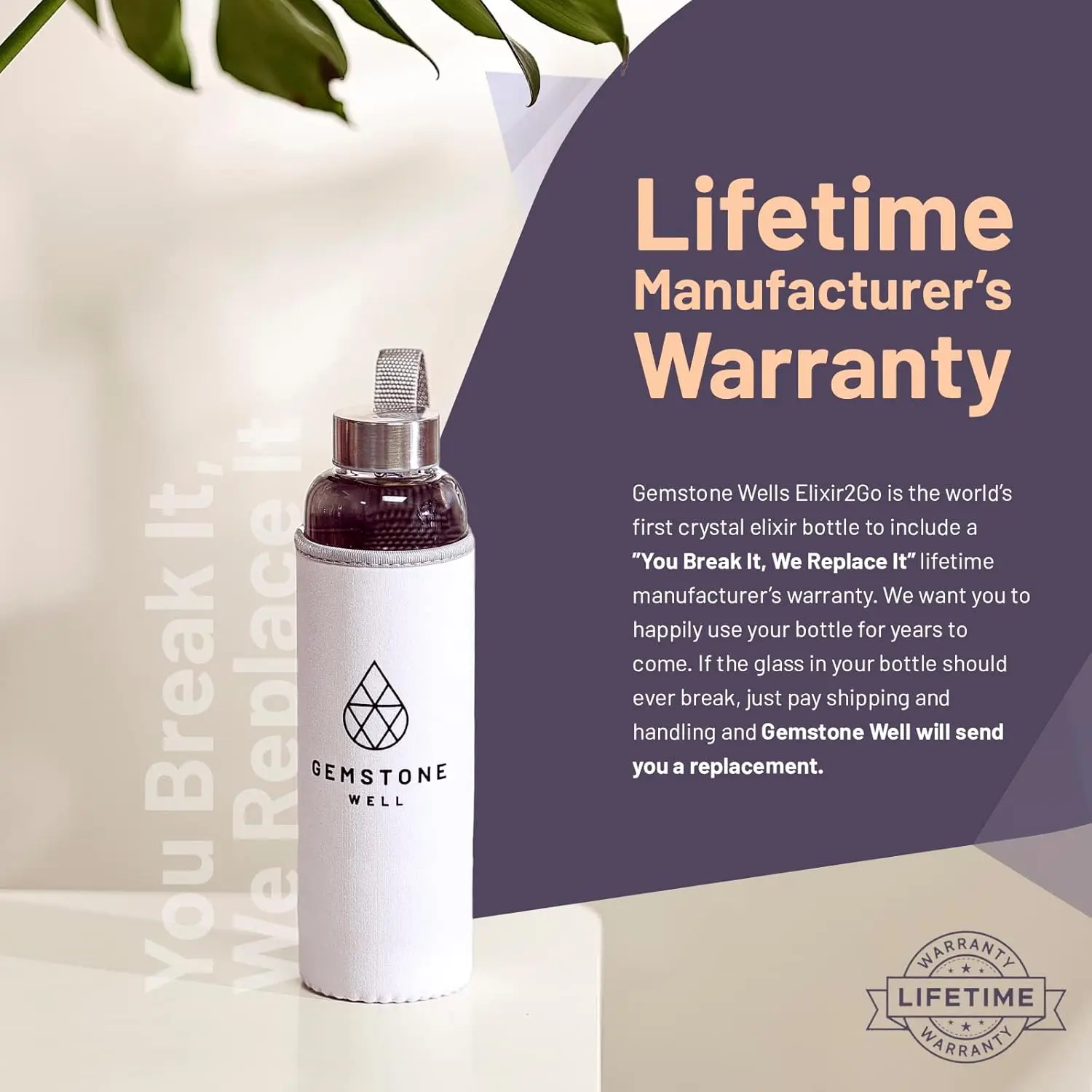 International gemstone water bottle set with hematite and clear quartz crystals, complete with a black neoprene sleeve for on-the-go gem-infused hydration.