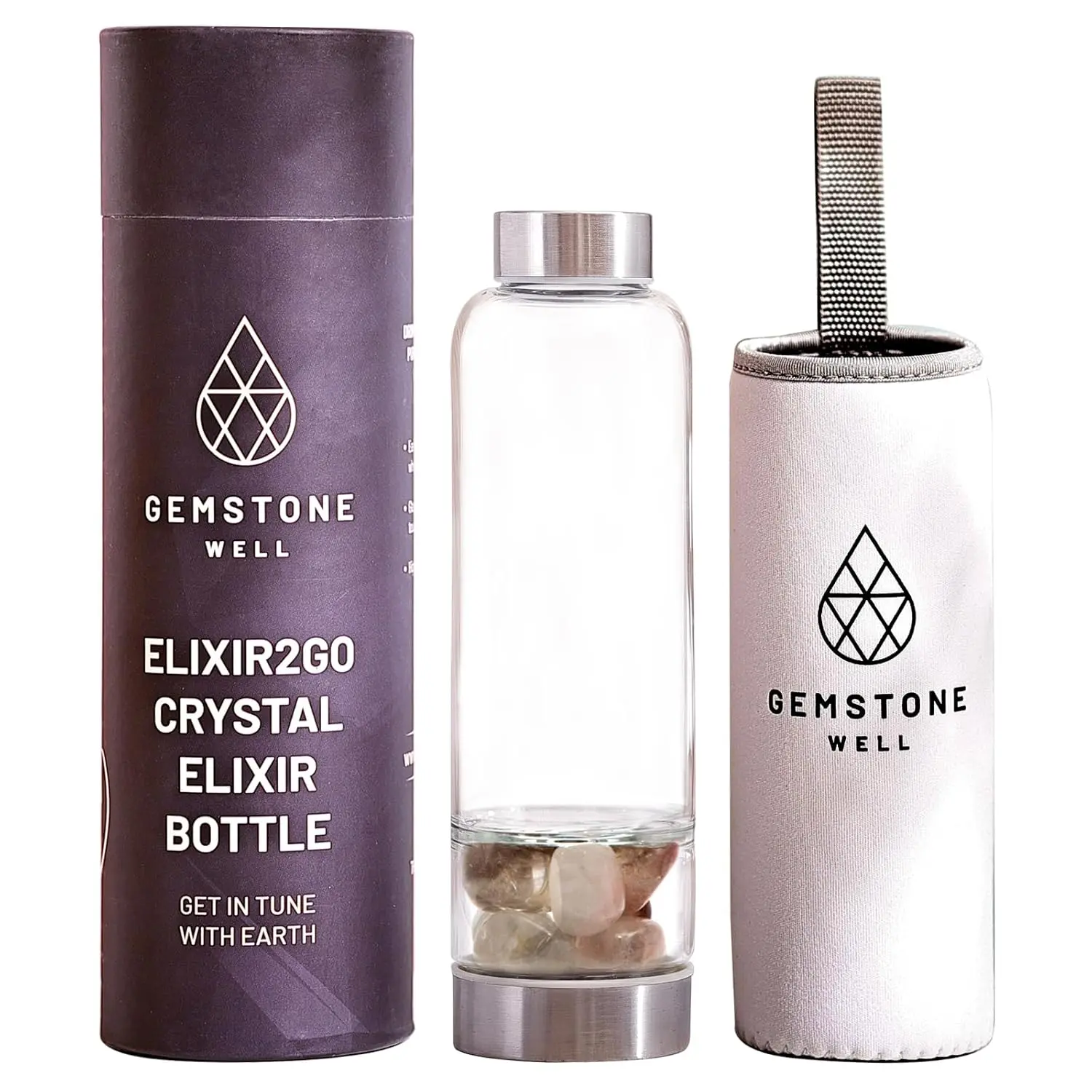 International gemstone water bottle set with hematite and clear quartz crystals, complete with a black neoprene sleeve for on-the-go gem-infused hydration.