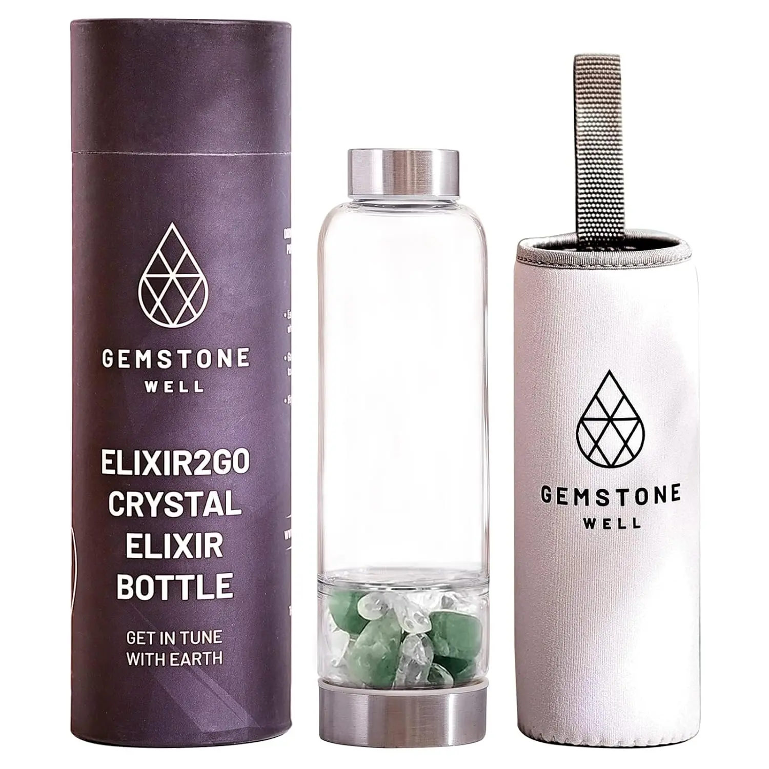International gemstone water bottle set with hematite and clear quartz crystals, complete with a black neoprene sleeve for on-the-go gem-infused hydration.