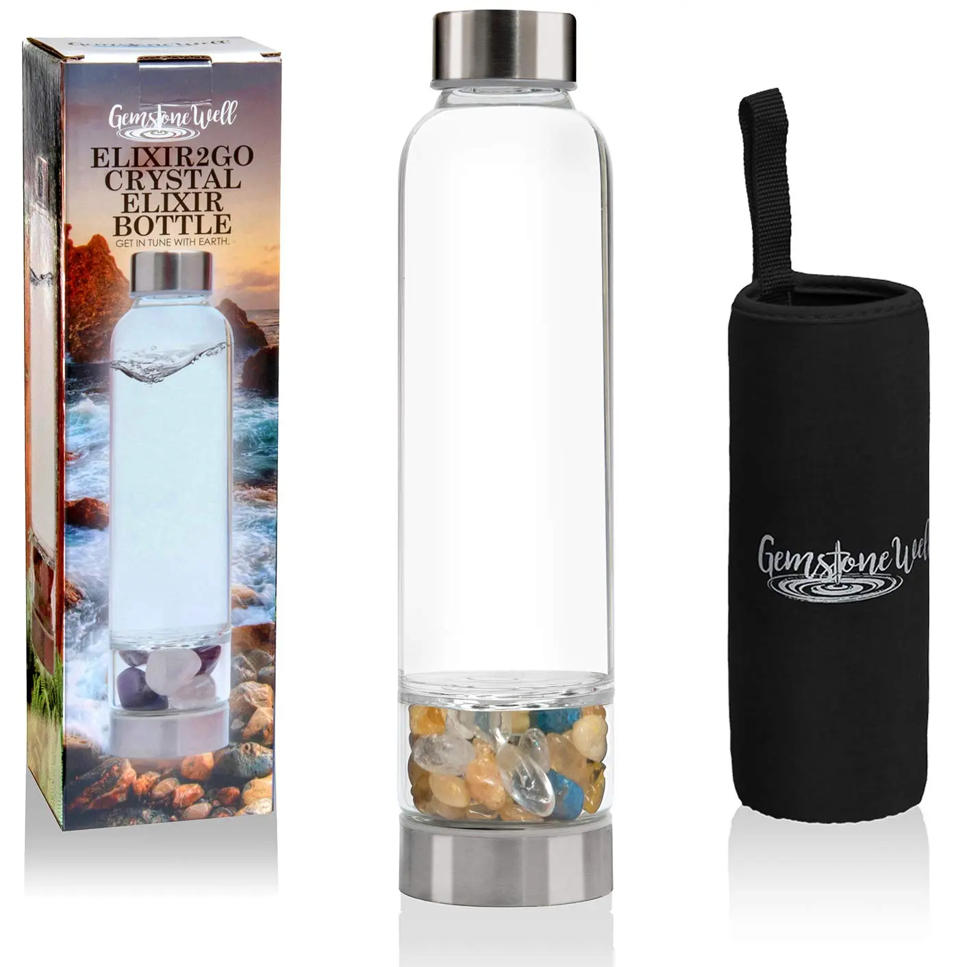 International gemstone water bottle set with hematite and clear quartz crystals, complete with a black neoprene sleeve for on-the-go gem-infused hydration.