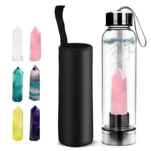 Pink crystal water bottle with natural quartz for healing and spiritual growth, featuring a removable gemstone capsule and protective neoprene sleeve.