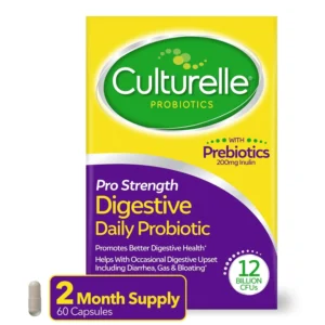 Culturelle Pro Strength probiotic capsules support digestive health, reduce occasional gas, bloating, and diarrhea, and are gluten and soy free.