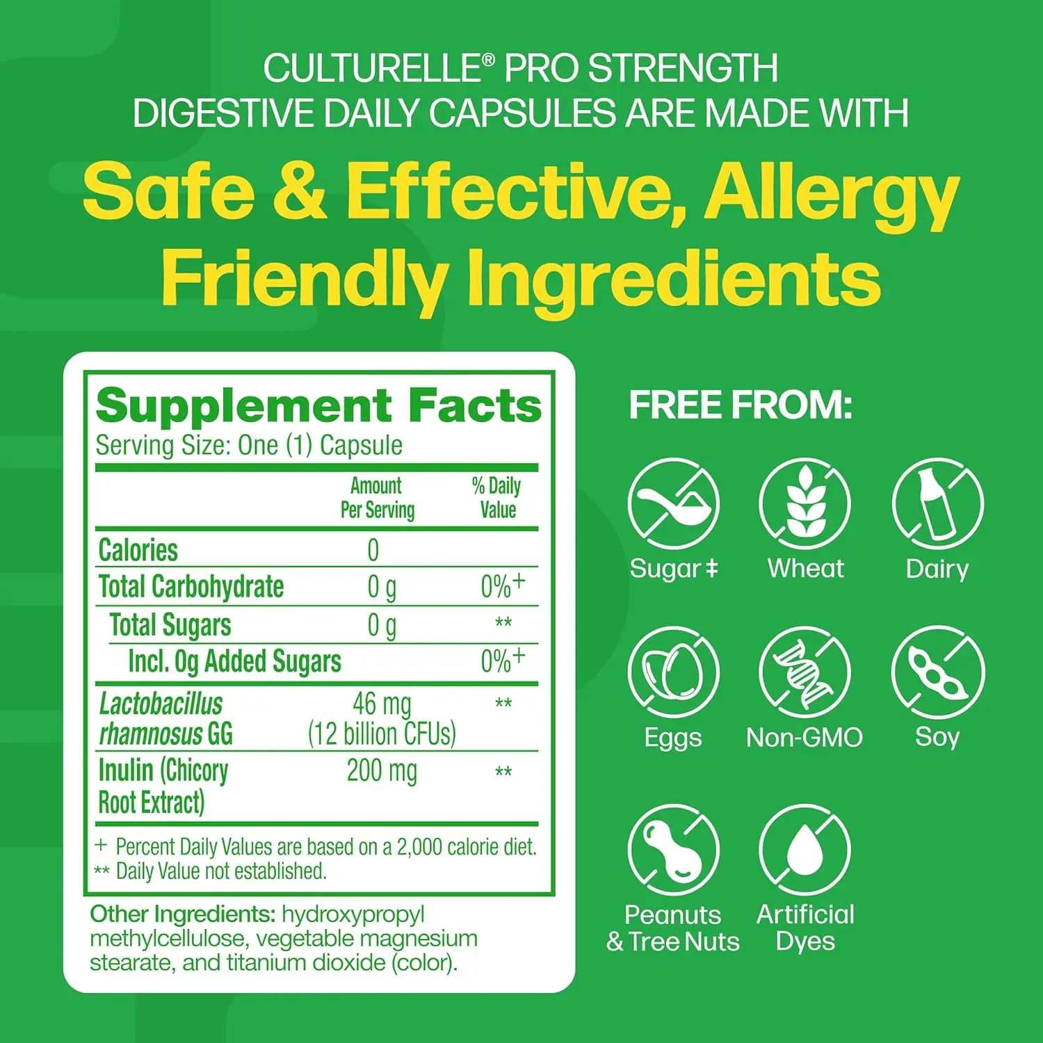 Culturelle Pro Strength probiotic capsules support digestive health, reduce occasional gas, bloating, and diarrhea, and are gluten and soy free.