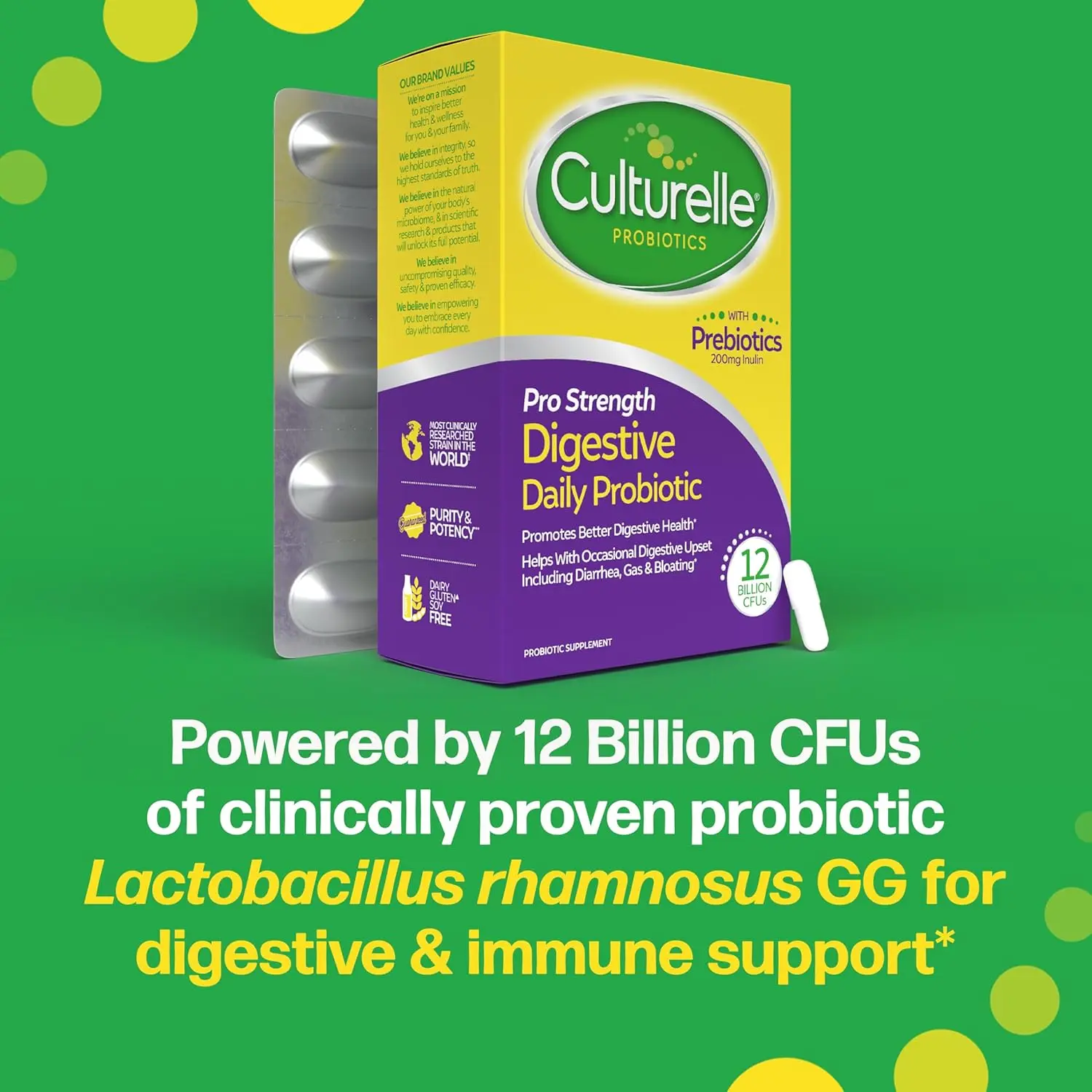 Culturelle Pro Strength probiotic capsules support digestive health, reduce occasional gas, bloating, and diarrhea, and are gluten and soy free.
