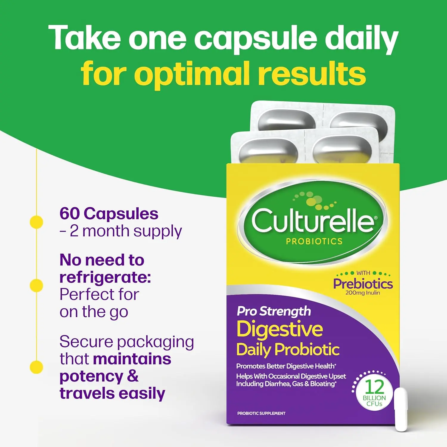 Culturelle Pro Strength probiotic capsules support digestive health, reduce occasional gas, bloating, and diarrhea, and are gluten and soy free.