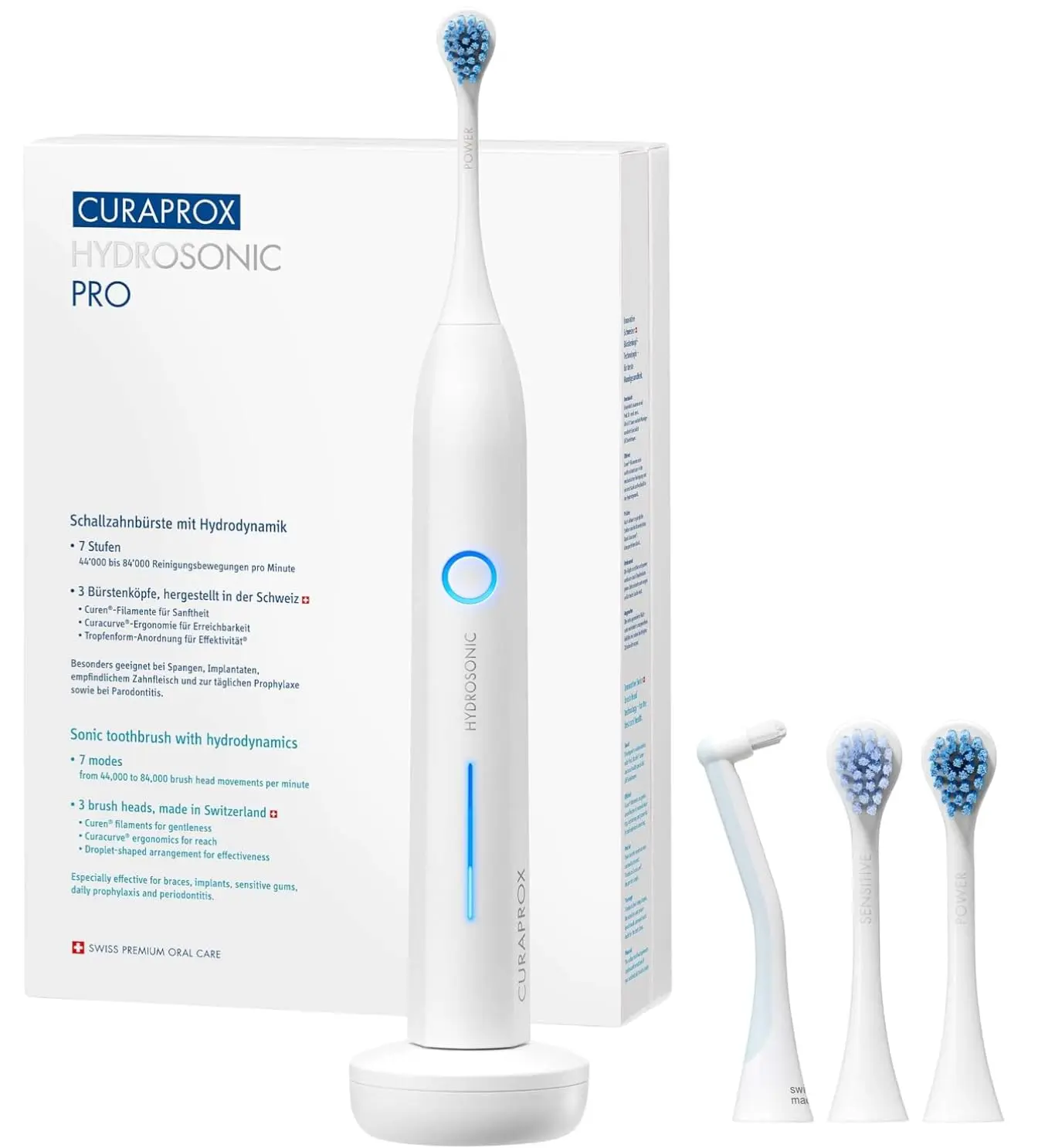 The Curaprox Hydrosonic Pro electric toothbrush provides customized oral care with 7 cleaning levels and comes with multiple brush heads, a travel case, and charging accessories.