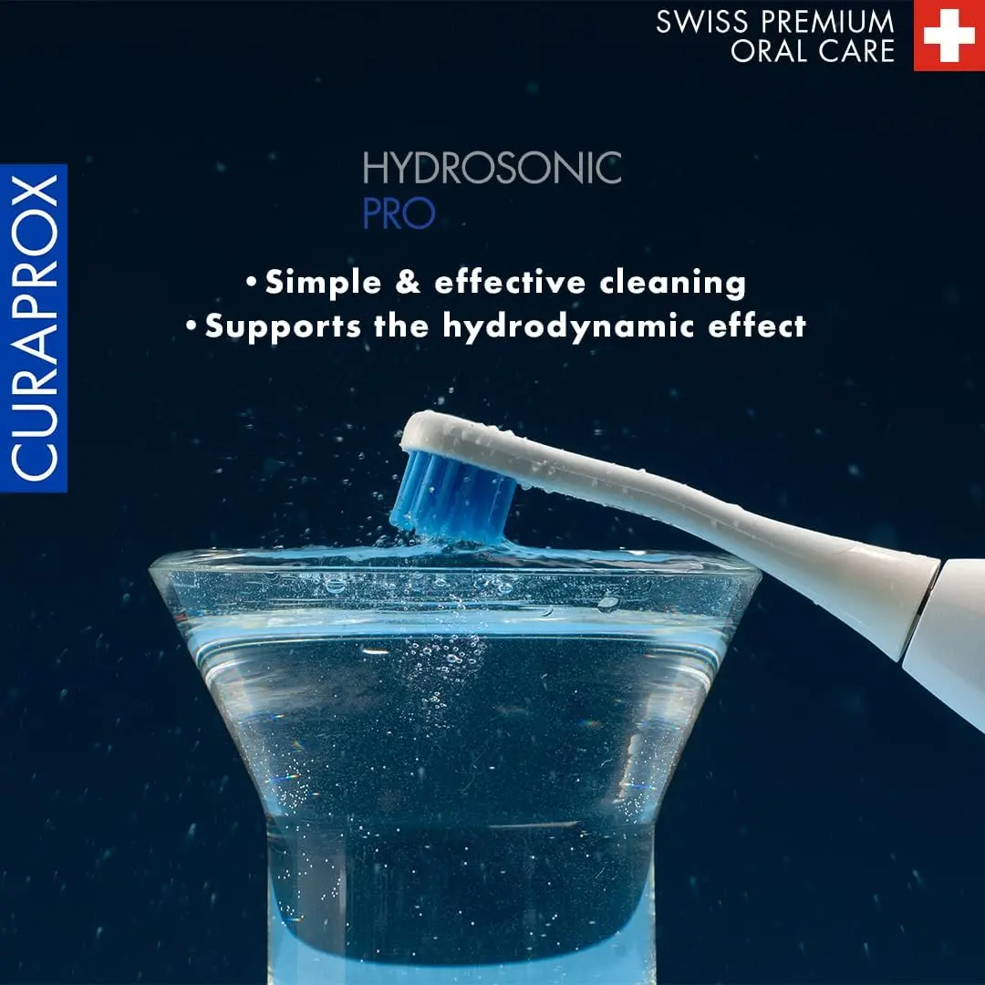 The Curaprox Hydrosonic Pro electric toothbrush provides customized oral care with 7 cleaning levels and comes with multiple brush heads, a travel case, and charging accessories.