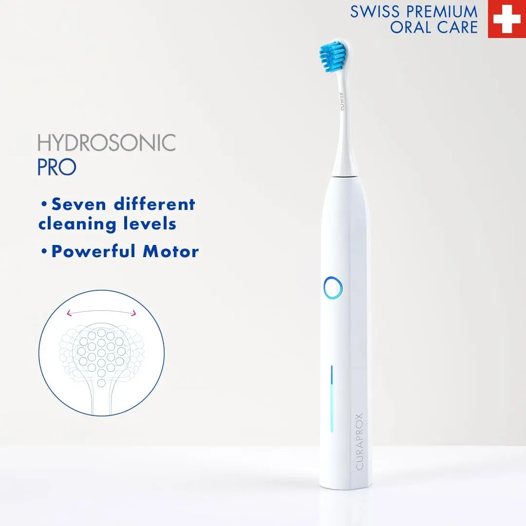 The Curaprox Hydrosonic Pro electric toothbrush provides customized oral care with 7 cleaning levels and comes with multiple brush heads, a travel case, and charging accessories.