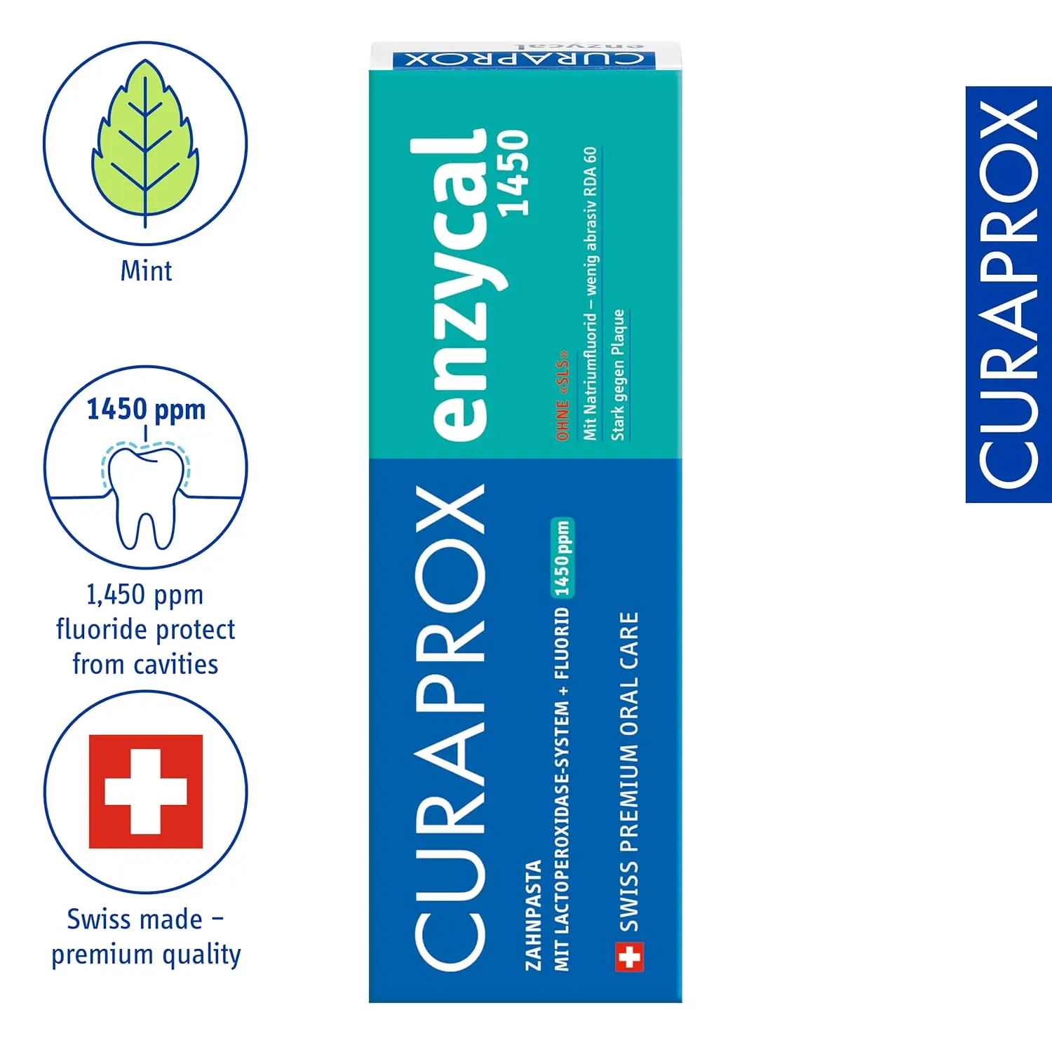 Curaprox Enzycal 1450 toothpaste protects against cavities and plaque with its enamel-safe, vegan formula and mild mint flavor.