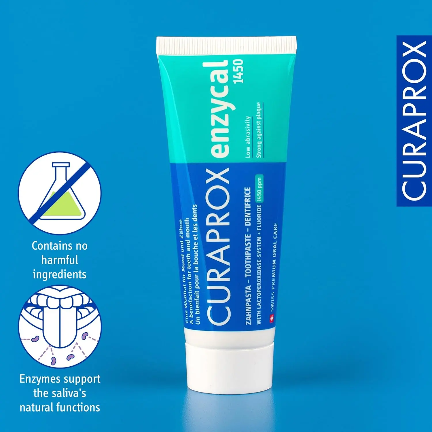 Curaprox Enzycal 1450 toothpaste protects against cavities and plaque with its enamel-safe, vegan formula and mild mint flavor.