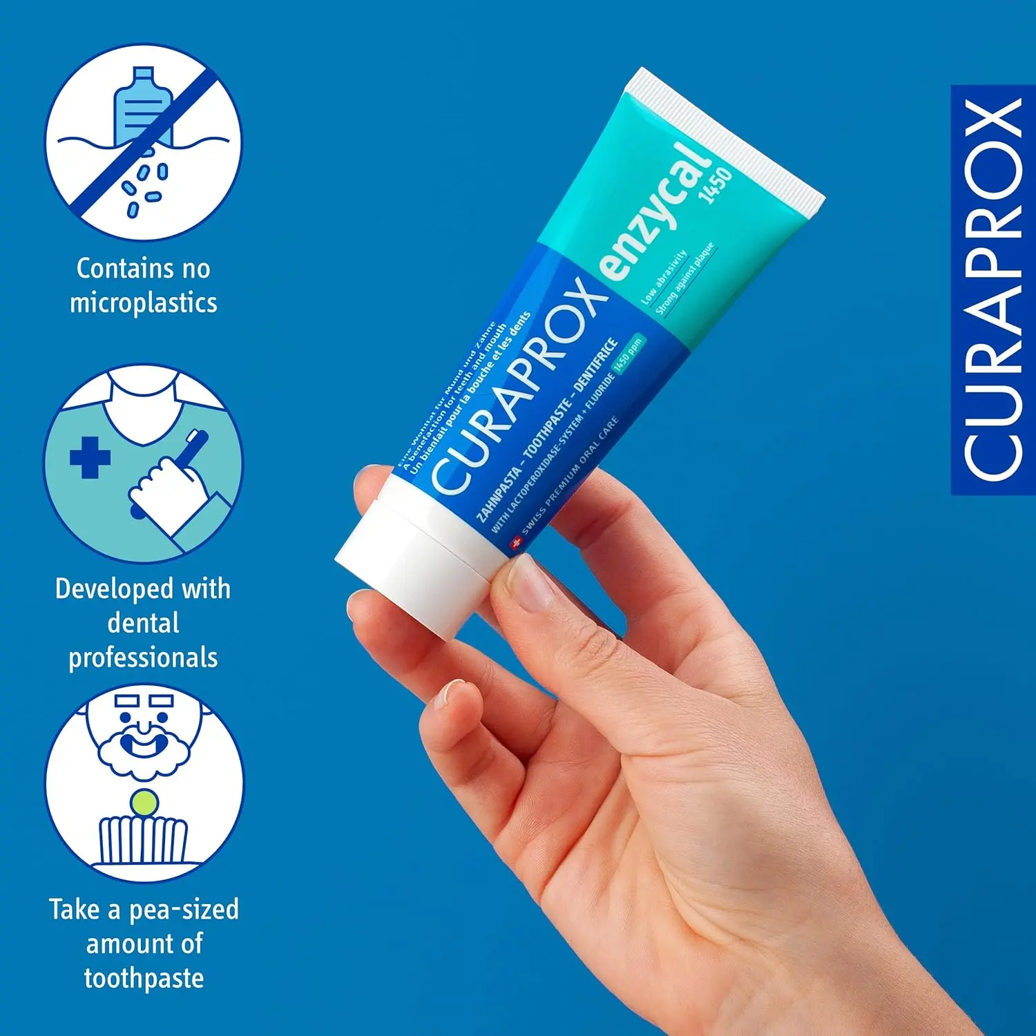 Curaprox Enzycal 1450 toothpaste protects against cavities and plaque with its enamel-safe, vegan formula and mild mint flavor.