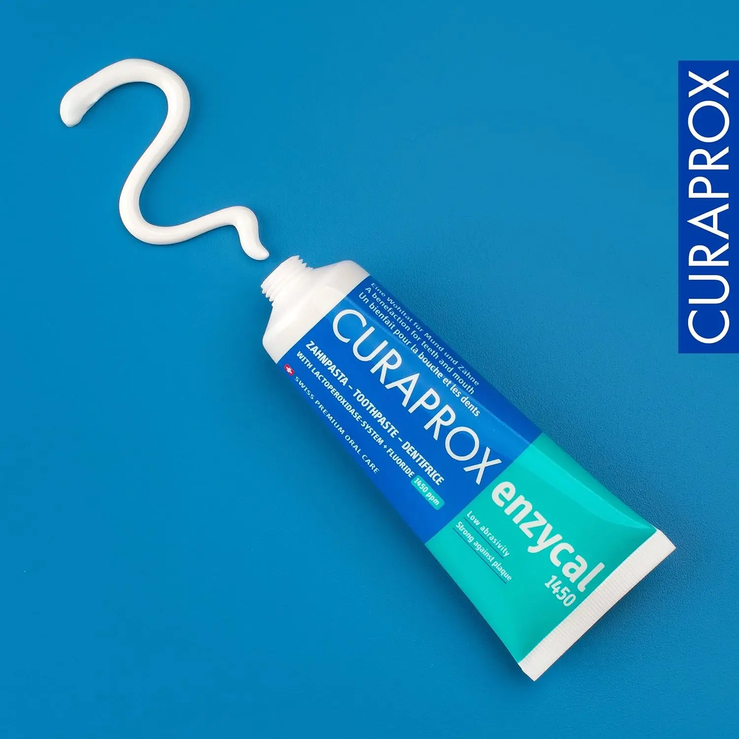 Curaprox Enzycal 1450 toothpaste protects against cavities and plaque with its enamel-safe, vegan formula and mild mint flavor.