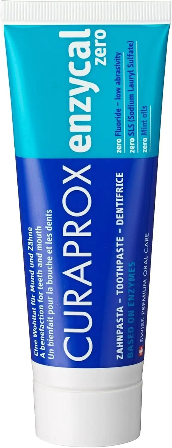Curaprox Enzycal 1450 toothpaste protects against cavities and plaque with its enamel-safe, vegan formula and mild mint flavor.