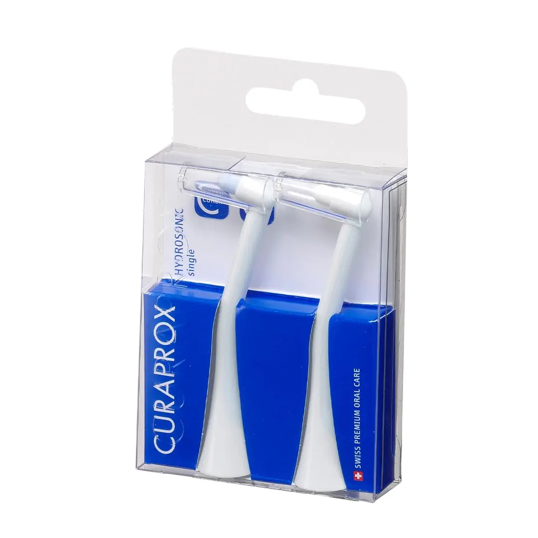 Two Curaprox Hydrosonic Power replacement brush heads designed for Curaprox electric toothbrushes offering gentle yet effective cleaning with ultra-soft CUREN filaments.