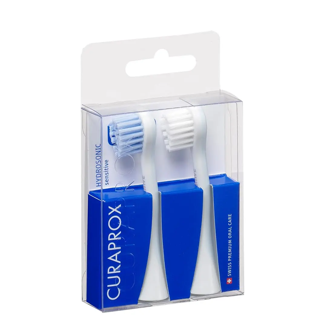 Two Curaprox Hydrosonic Power replacement brush heads designed for Curaprox electric toothbrushes offering gentle yet effective cleaning with ultra-soft CUREN filaments.