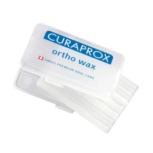 Seven individual sticks of Curaprox orthodontic wax for protecting gums and cheeks from irritation caused by braces, aiding in easy brace cleaning and dental care for teens and adults.