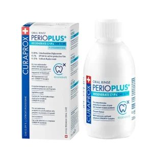 Curaprox Perio Plus Regenerate mouthwash provides antibacterial protection and promotes oral tissue regeneration with chlorhexidine, hyaluronic acid, and natural ingredients for healthy gums and fresh breath.