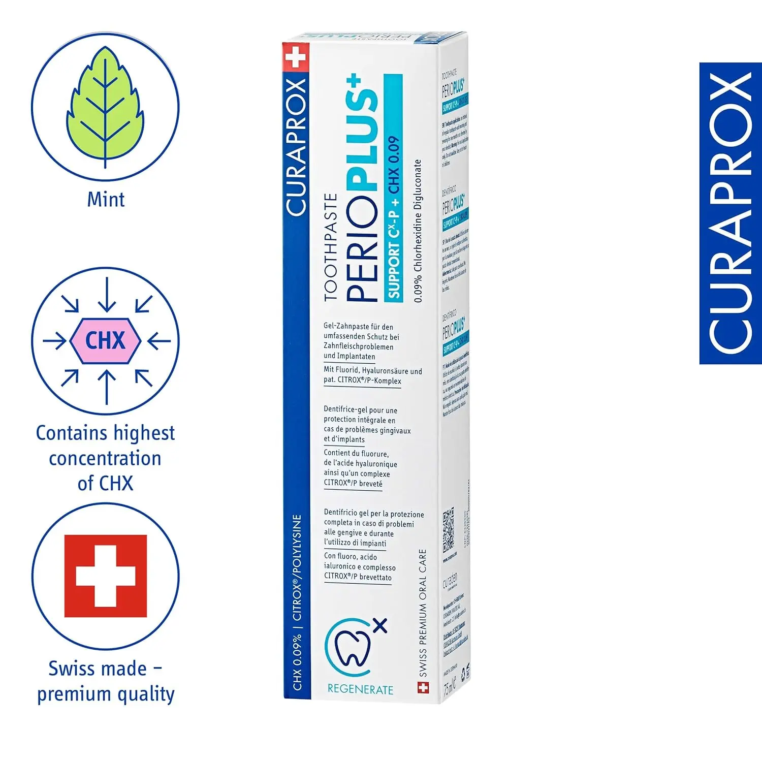 Curaprox PerioPlus+ Support toothpaste with chlorhexidine and hyaluronic acid promotes healthy gums, plaque control, and fresh breath for optimal oral care.