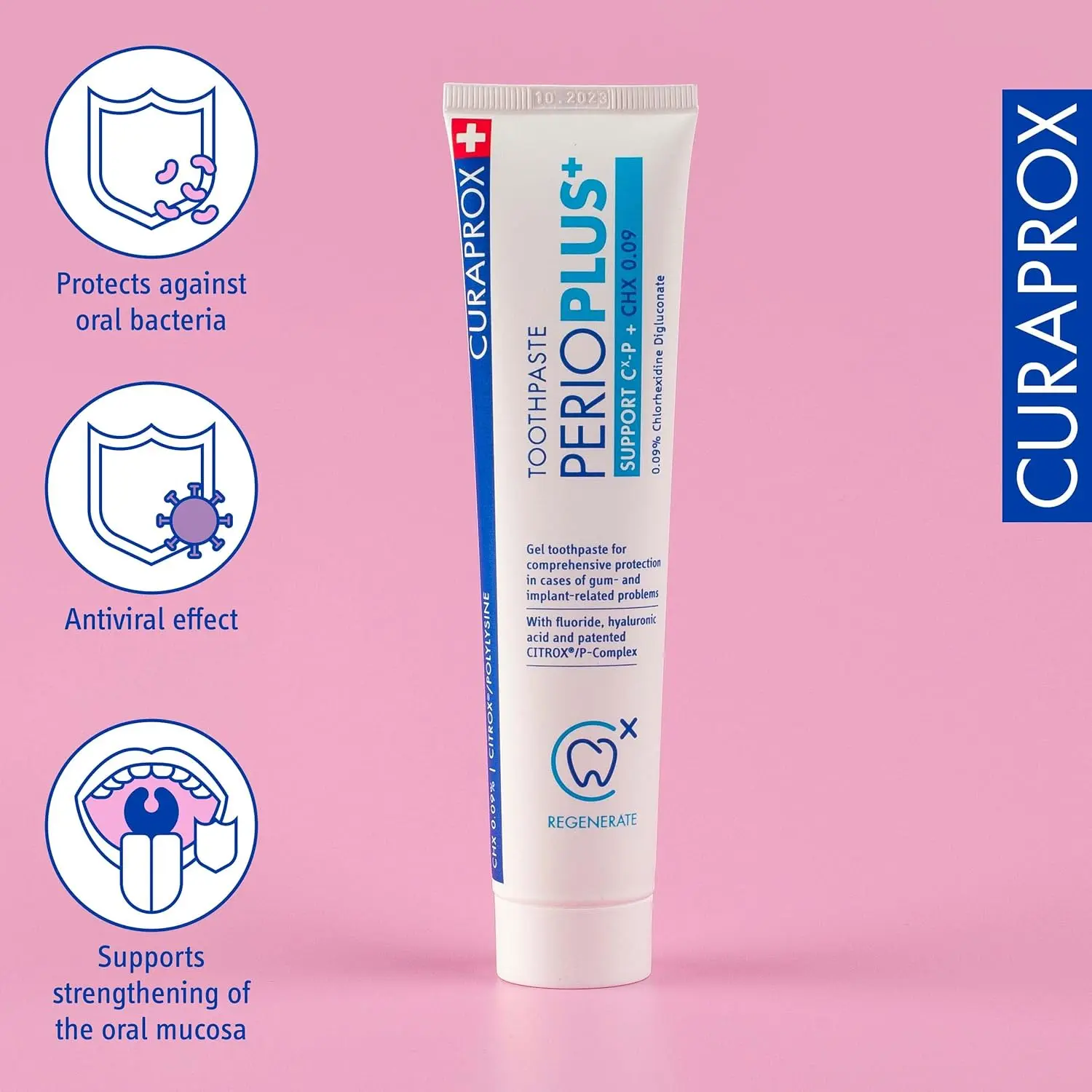 Curaprox PerioPlus+ Support toothpaste with chlorhexidine and hyaluronic acid promotes healthy gums, plaque control, and fresh breath for optimal oral care.