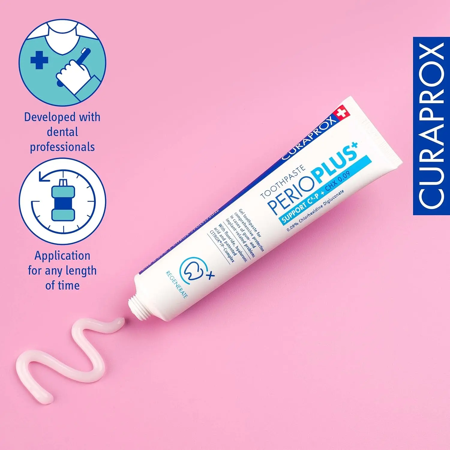 Curaprox PerioPlus+ Support toothpaste with chlorhexidine and hyaluronic acid promotes healthy gums, plaque control, and fresh breath for optimal oral care.