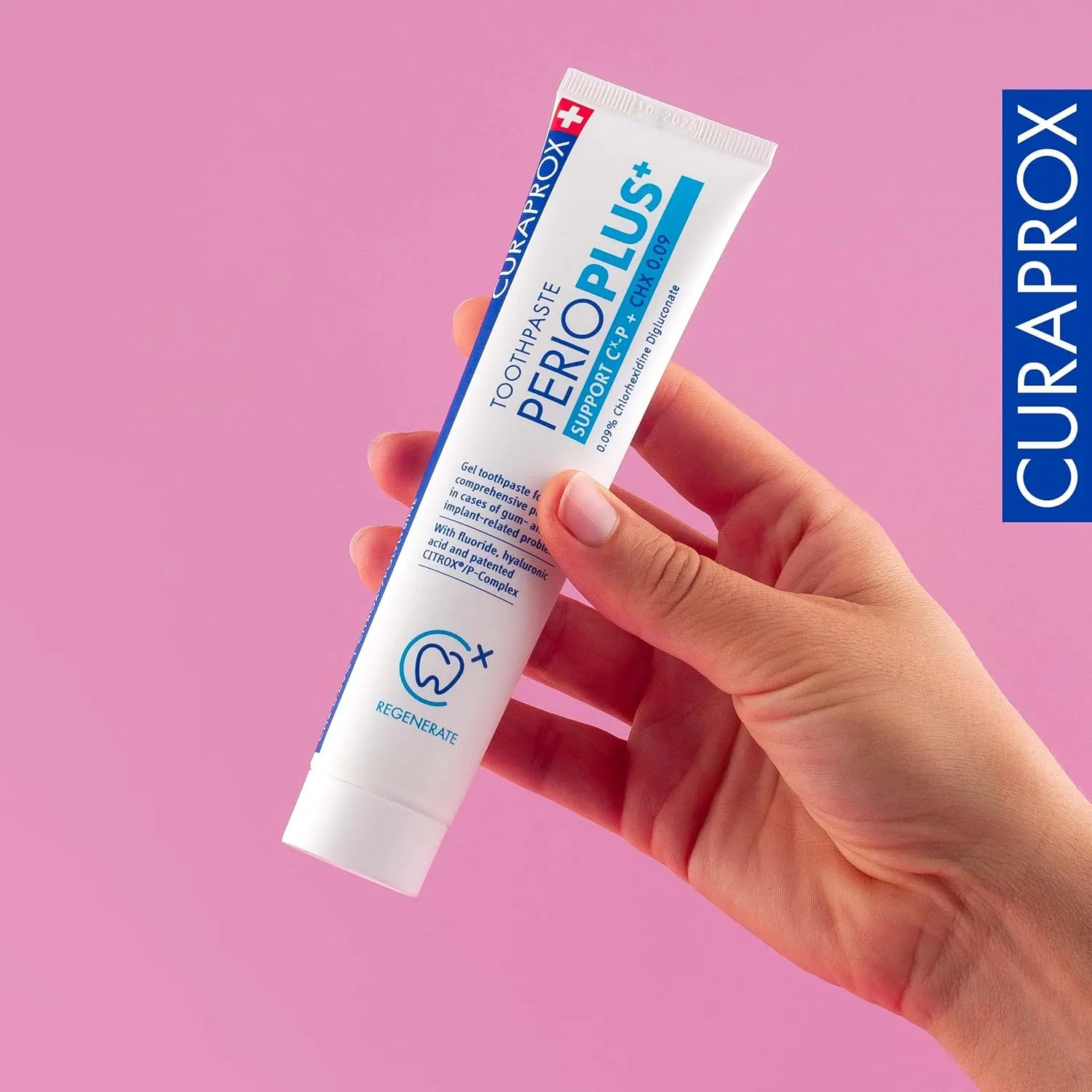 Curaprox PerioPlus+ Support toothpaste with chlorhexidine and hyaluronic acid promotes healthy gums, plaque control, and fresh breath for optimal oral care.