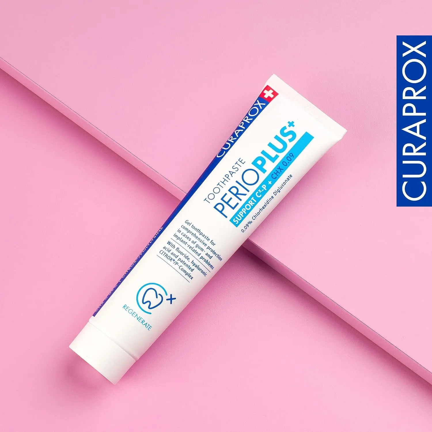 Curaprox PerioPlus+ Support toothpaste with chlorhexidine and hyaluronic acid promotes healthy gums, plaque control, and fresh breath for optimal oral care.