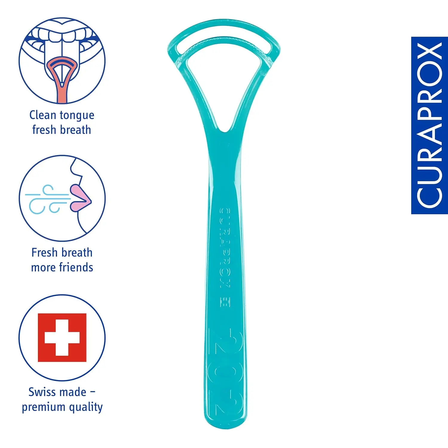 The Curaprox double-bladed tongue cleaner gently removes bacteria for fresher breath and improved oral hygiene, featuring a comfortable and durable Swiss-made design.