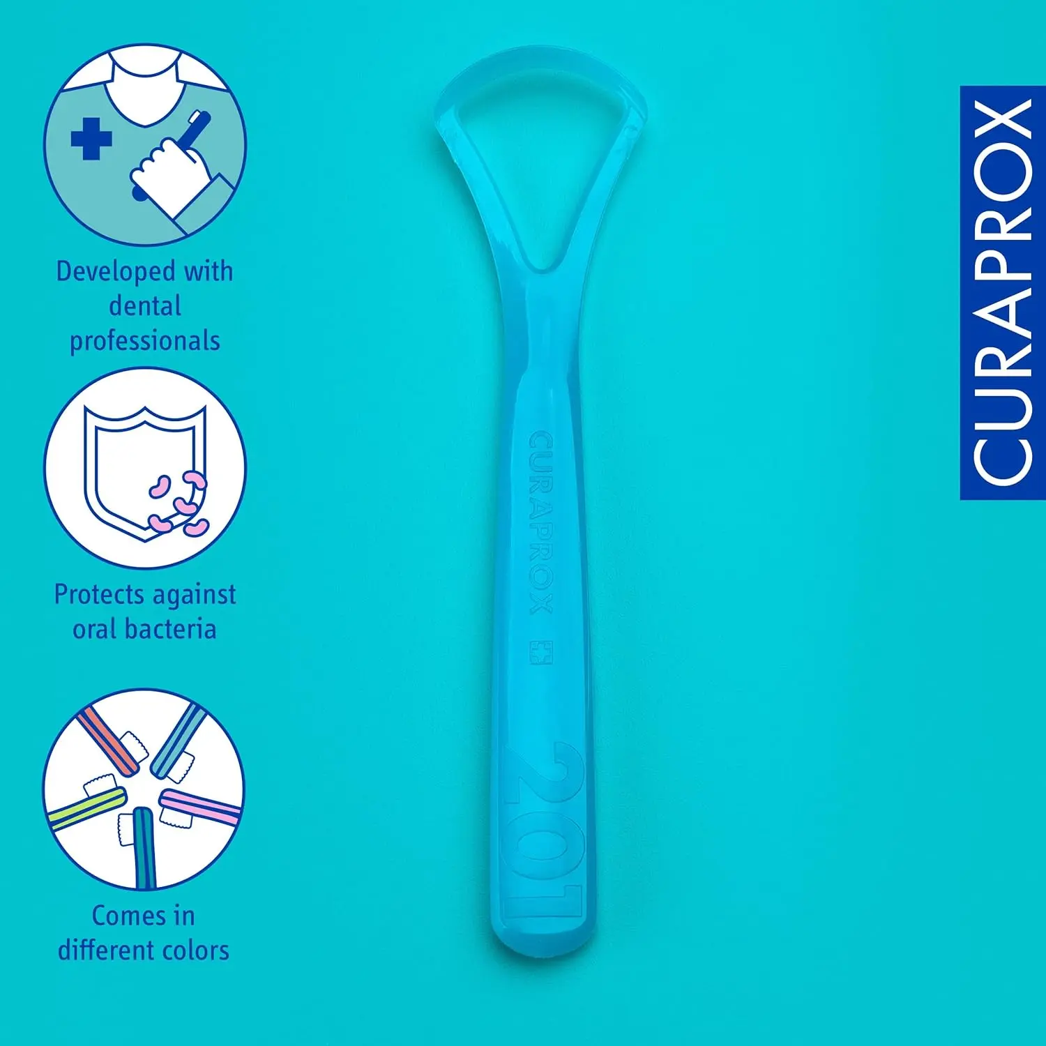 The Curaprox double-bladed tongue cleaner gently removes bacteria for fresher breath and improved oral hygiene, featuring a comfortable and durable Swiss-made design.