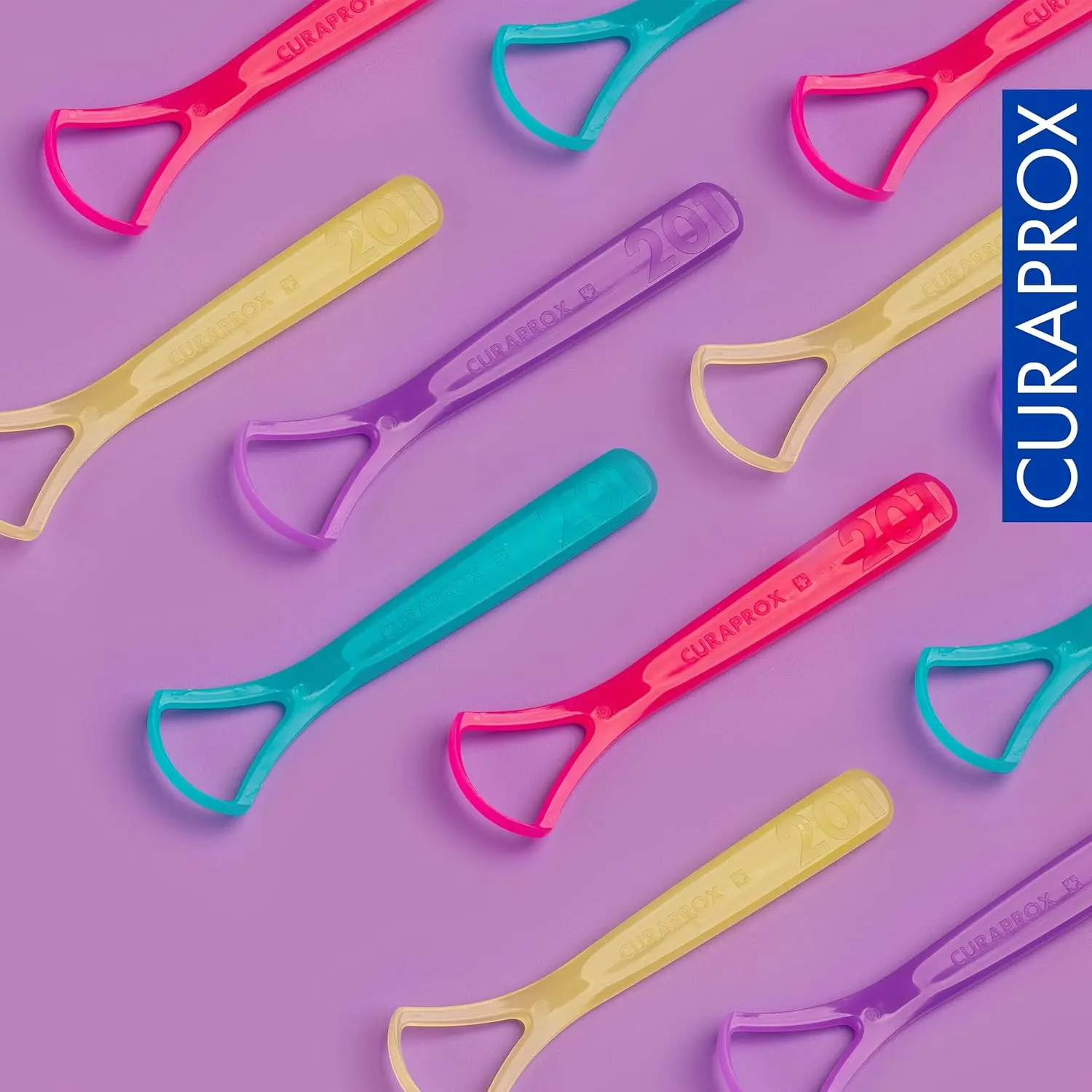 The Curaprox double-bladed tongue cleaner gently removes bacteria for fresher breath and improved oral hygiene, featuring a comfortable and durable Swiss-made design.
