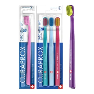 This 4-pack of Curaprox ultra-soft toothbrushes features 5460 CUREN filaments for gentle and effective plaque removal, ideal for sensitive gums.