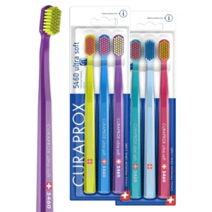 This image shows a six-pack of Curaprox CS 5460 ultra-soft toothbrushes with densely packed CUREN bristles for gentle and effective plaque removal and gum line cleaning.