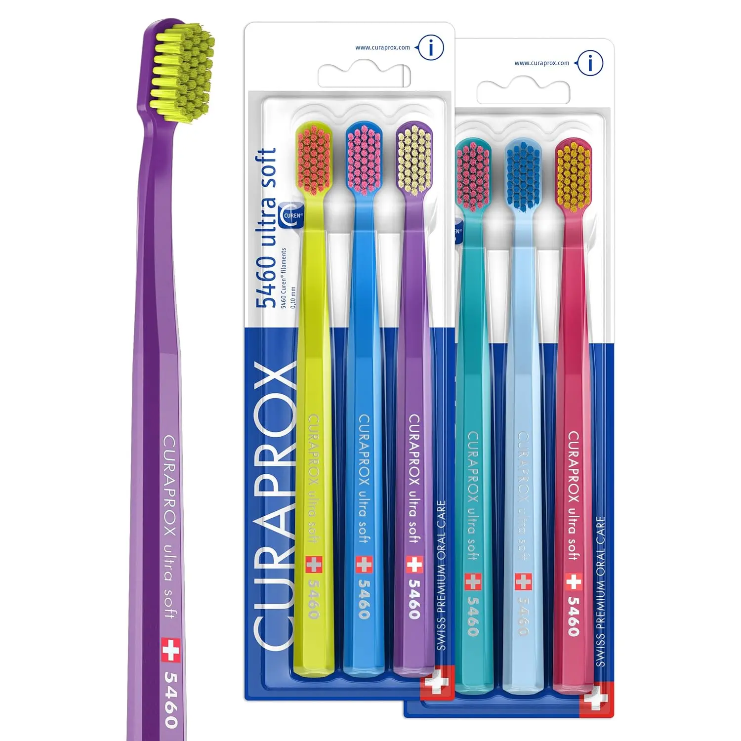 This image shows a six-pack of Curaprox CS 5460 ultra-soft toothbrushes with densely packed CUREN bristles for gentle and effective plaque removal and gum line cleaning.