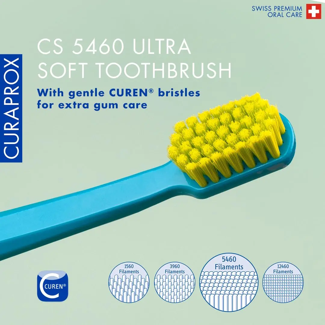 This 4-pack of Curaprox ultra-soft toothbrushes features 5460 CUREN filaments for gentle and effective plaque removal, ideal for sensitive gums.