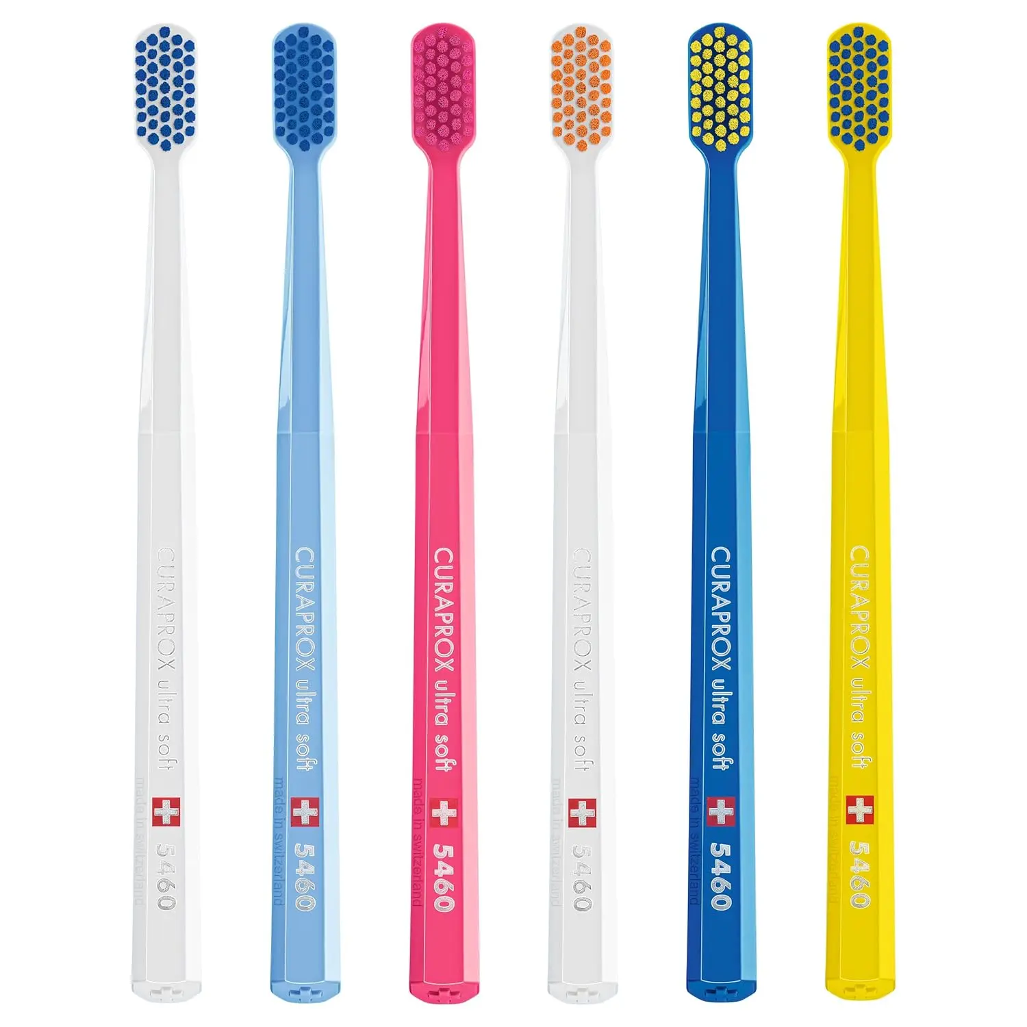 This image shows a six-pack of Curaprox CS 5460 ultra-soft toothbrushes with densely packed CUREN bristles for gentle and effective plaque removal and gum line cleaning.