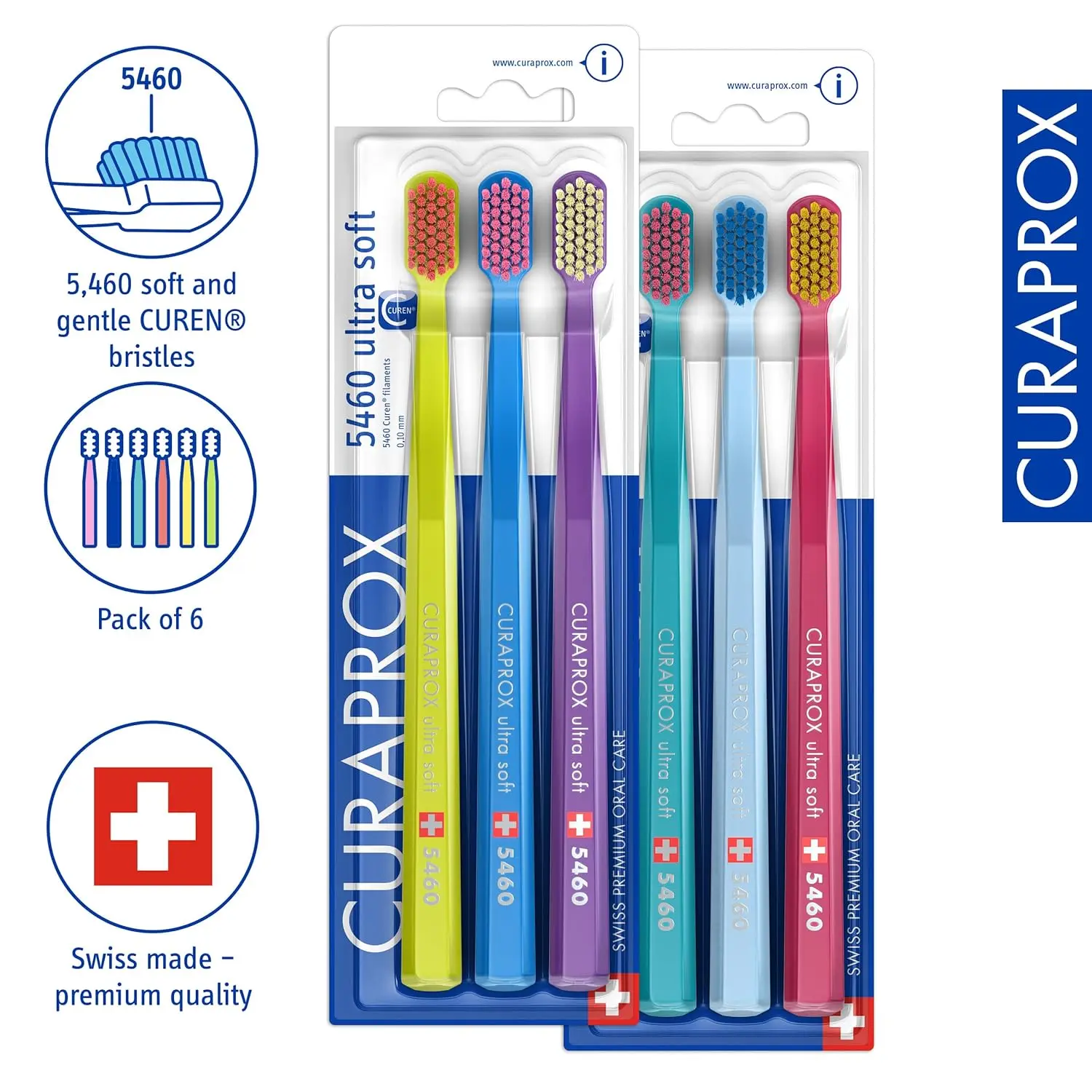 This image shows a six-pack of Curaprox CS 5460 ultra-soft toothbrushes with densely packed CUREN bristles for gentle and effective plaque removal and gum line cleaning.