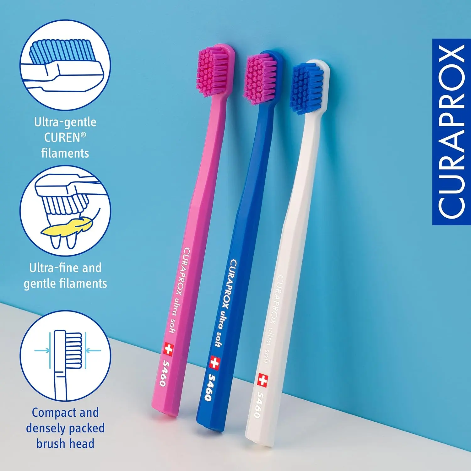 This image shows a six-pack of Curaprox CS 5460 ultra-soft toothbrushes with densely packed CUREN bristles for gentle and effective plaque removal and gum line cleaning.